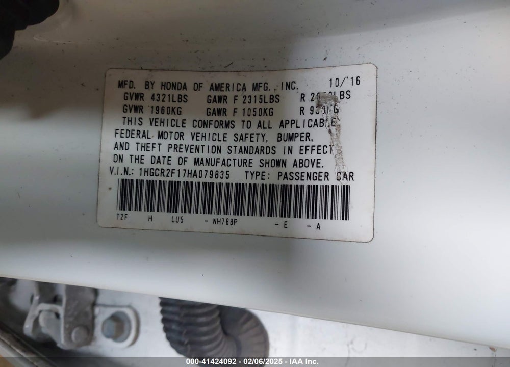 2017 HONDA ACCORD VIN: 1HGCR2F17HA079835