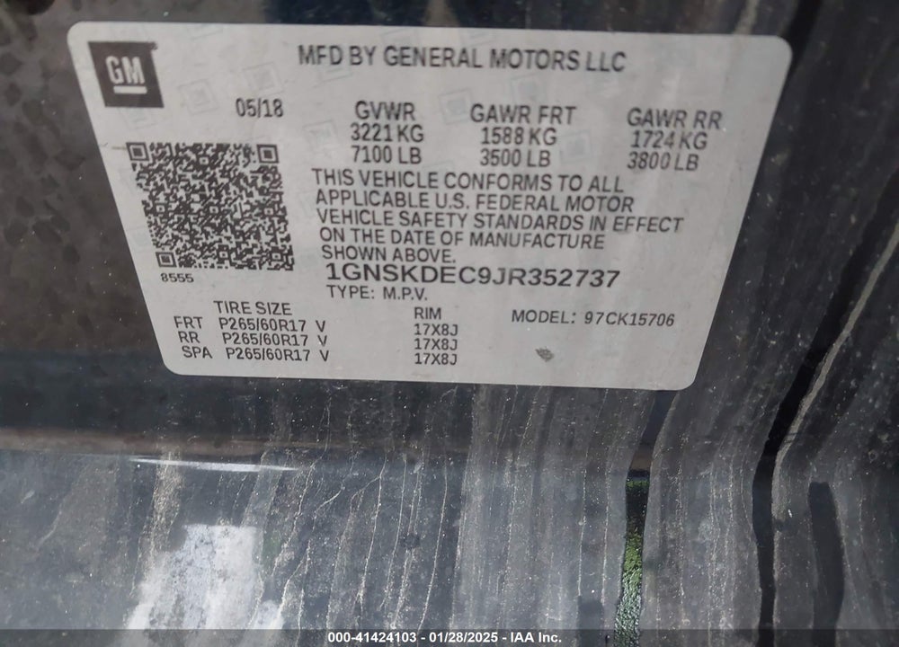 2018 CHEVROLET TAHOE COMMERCIAL FLEET VIN: 1GNSKDEC9JR352737