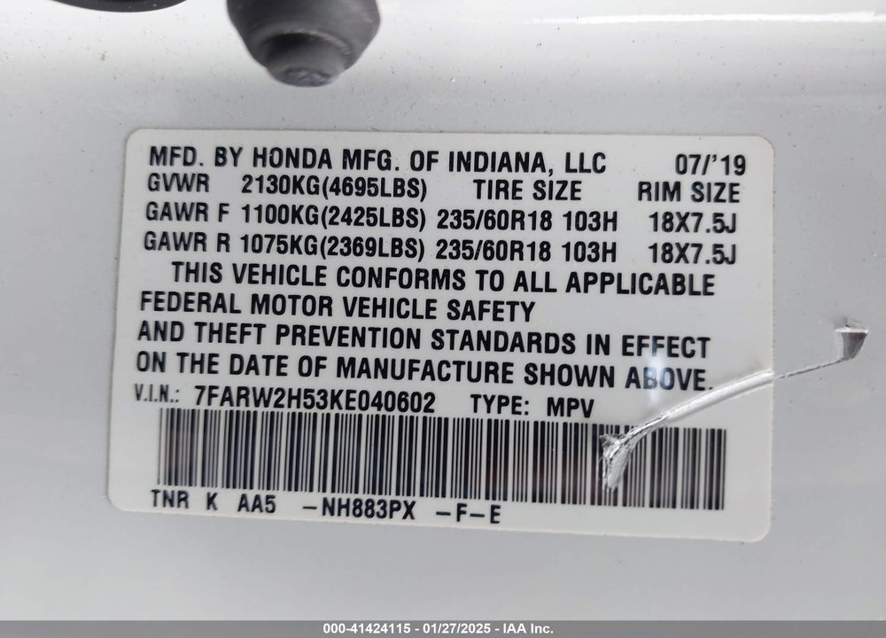 2019 HONDA CR-V EX VIN: 7FARW2H53KE040602