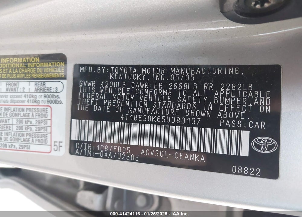 2005 TOYOTA CAMRY LE VIN: 4T1BE30K65U080137