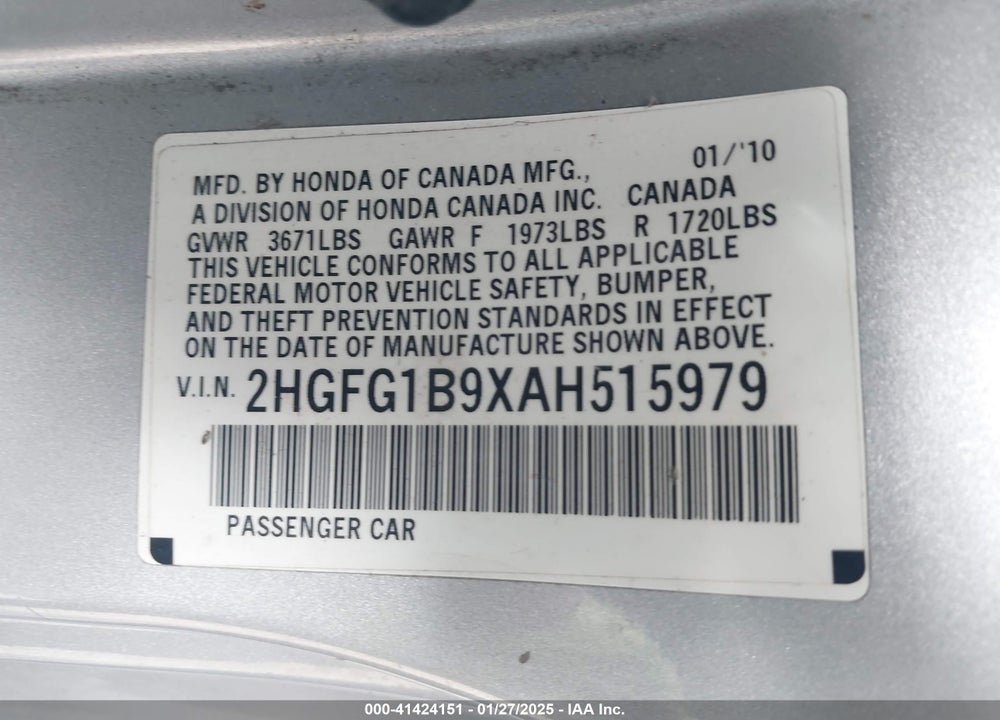 2010 HONDA CIVIC VIN: 2HGFG1B9XAH515979