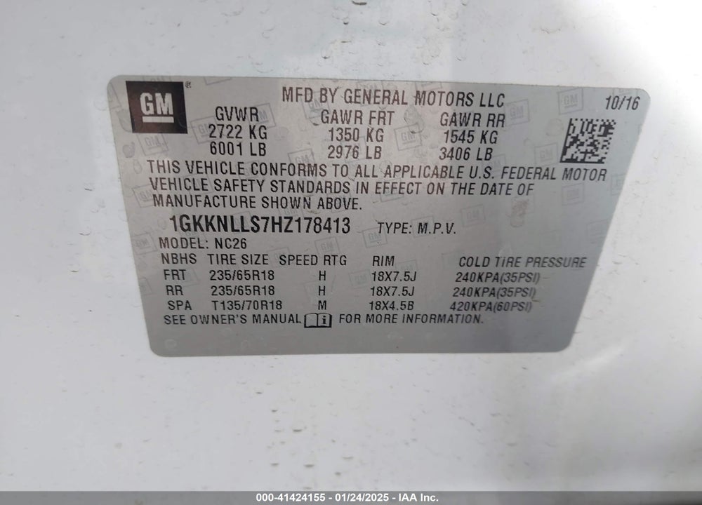 2017 GMC ACADIA SLE-2 VIN: 1GKKNLLS7HZ178413