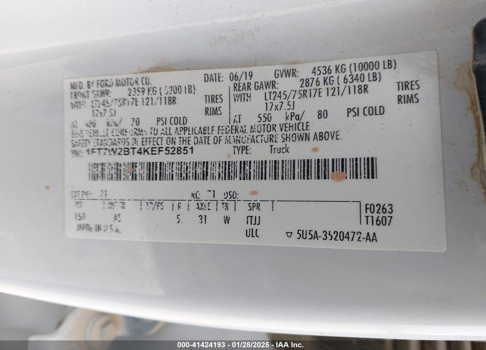 2019 FORD F-250 XL VIN: 1FT7W2BT4KEF52851