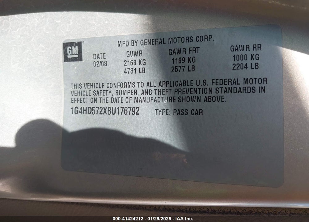 2008 BUICK LUCERNE CXL VIN: 1G4HD572X8U176792