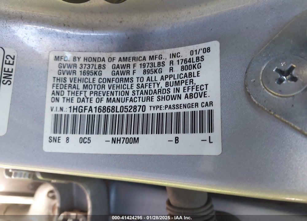 2008 HONDA CIVIC EX VIN: 1HGFA16868L052870