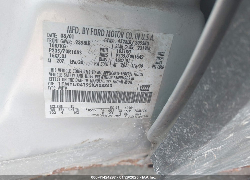 2002 FORD ESCAPE XLT VIN: 1FMYU04192KA08840