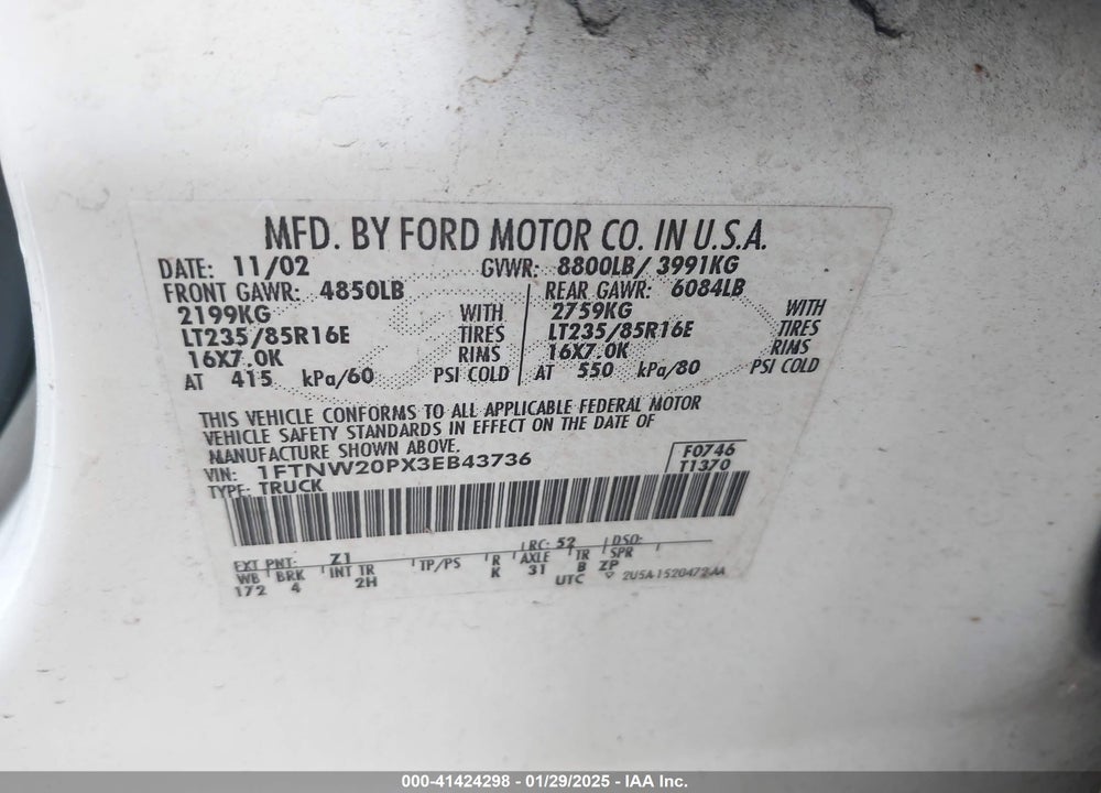2003 FORD F-250 LARIAT/XL/XLT VIN: 1FTNW20PX3EB43736