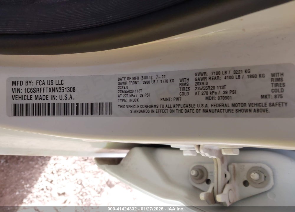 2022 RAM 1500 VIN: 1C6SRFFTXNN351308