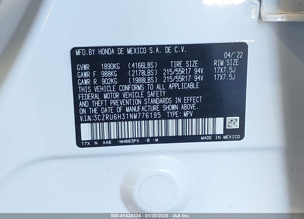 2022 HONDA HR-V VIN: 3CZRU6H31NM776195