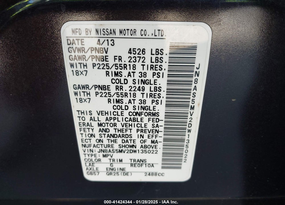2013 NISSAN ROGUE SV W/SL PKG VIN: JN8AS5MV2DW135022