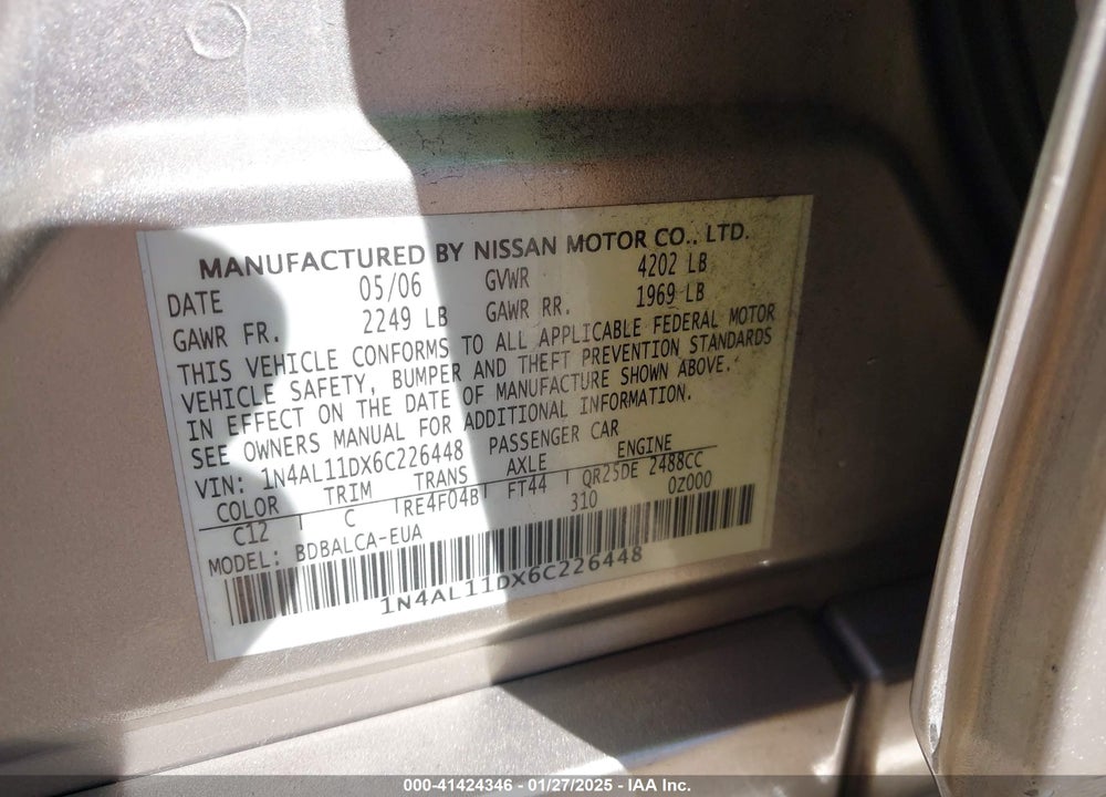 2006 NISSAN ALTIMA 2.5 S VIN: 1N4AL11DX6C226448