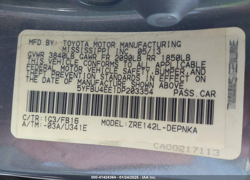 2013 TOYOTA COROLLA VIN: 5YFBU4EE1DP203354