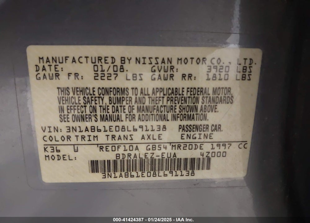2008 NISSAN SENTRA VIN: 3N1AB61E08L691138