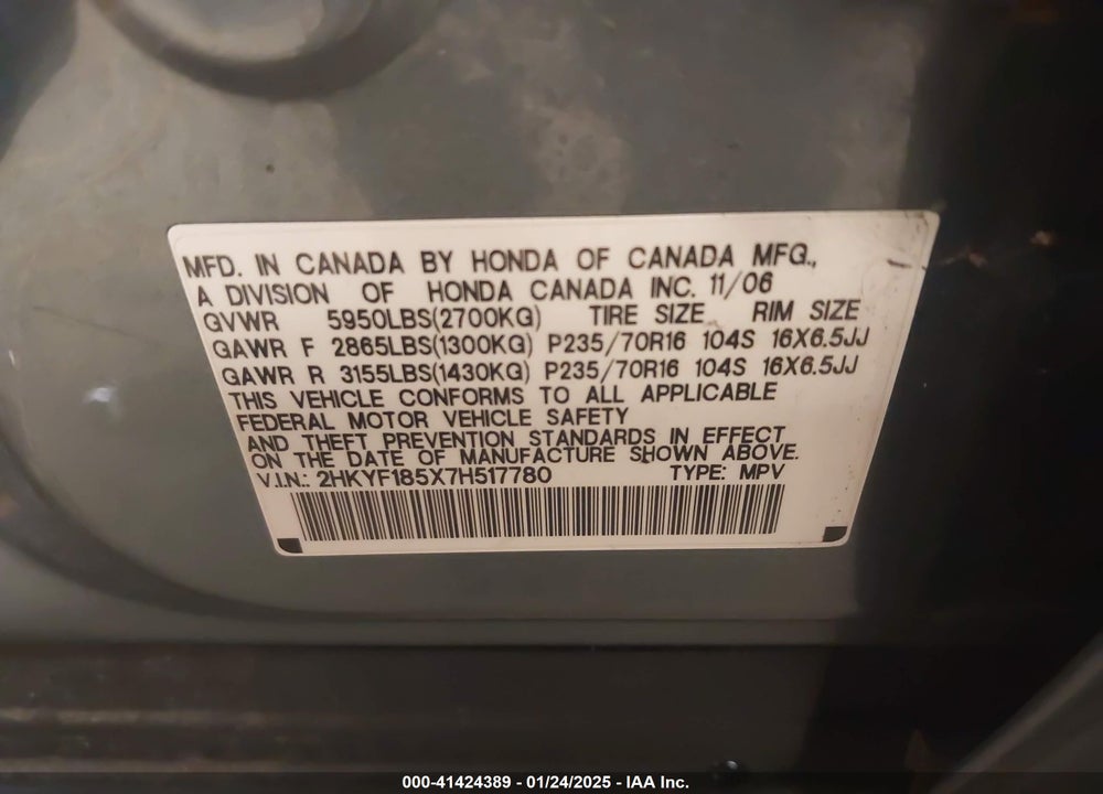 2007 HONDA PILOT EX-L VIN: 2HKYF185X7H517780