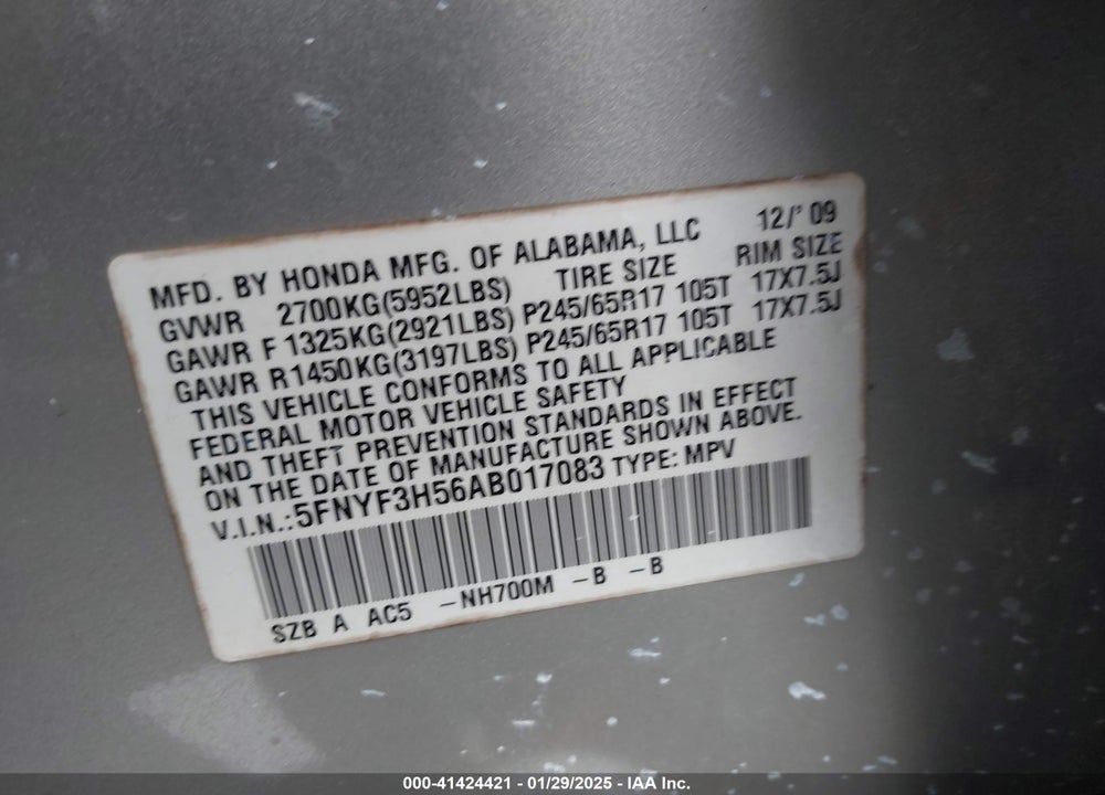 2010 HONDA PILOT VIN: 5FNYF3H56AB017083