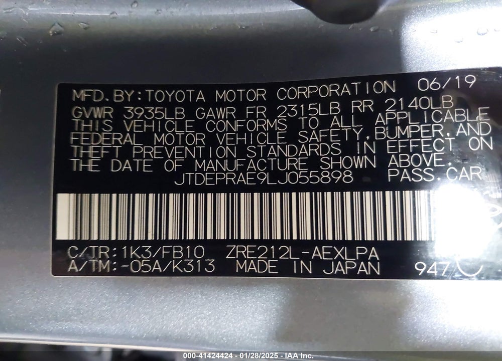 2020 TOYOTA COROLLA VIN: JTDEPRAE9LJ055898