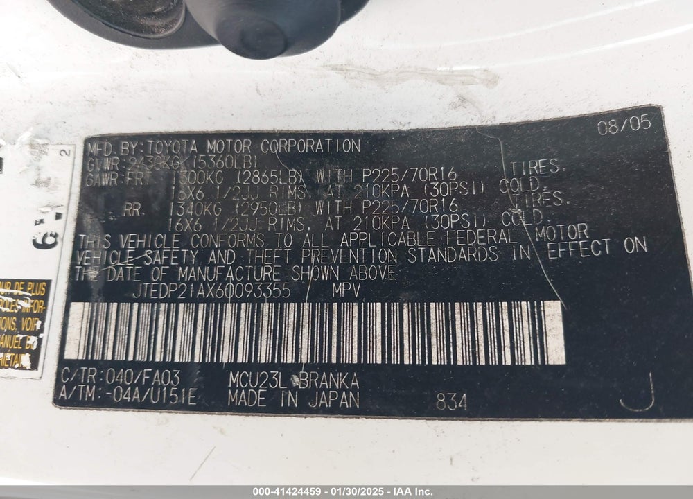 2006 TOYOTA HIGHLANDER V6 VIN: JTEDP21AX60093355