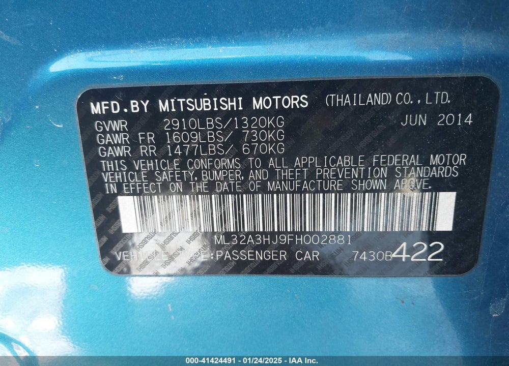 2015 MITSUBISHI MIRAGE VIN: ML32A3HJ9FH002881