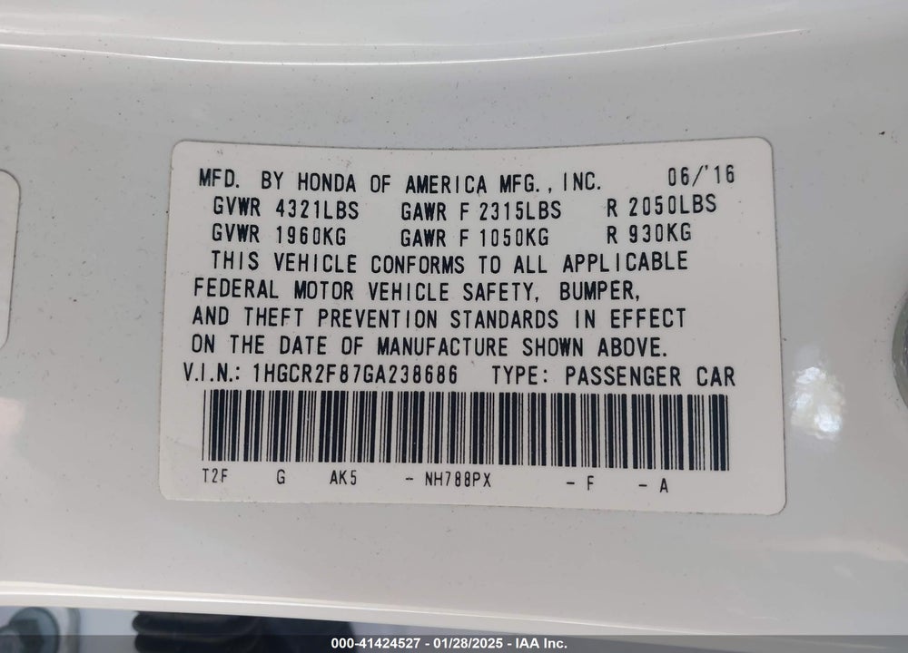 2016 HONDA ACCORD VIN: 1HGCR2F87GA238686