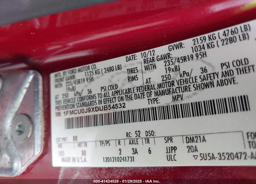 2013 FORD ESCAPE TITANIUM VIN: 1FMCU0J9XDUB54532