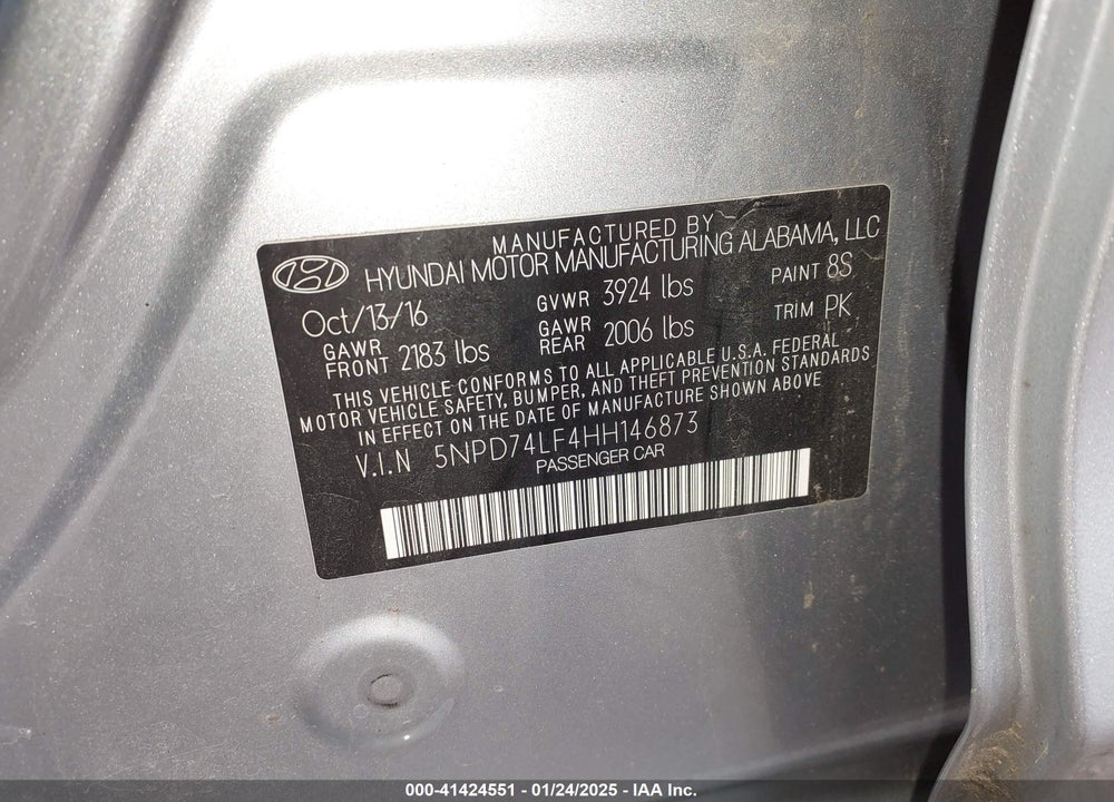2017 HYUNDAI ELANTRA VIN: 5NPD74LF4HH146873