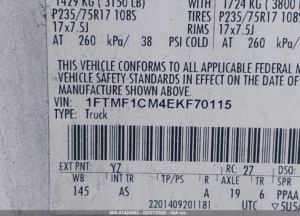 2014 FORD F-150 VIN: 1FTMF1CM4EKF70115