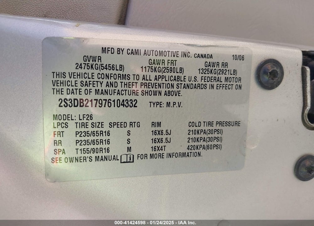 2007 SUZUKI XL7 VIN: 2S3DB217976104332