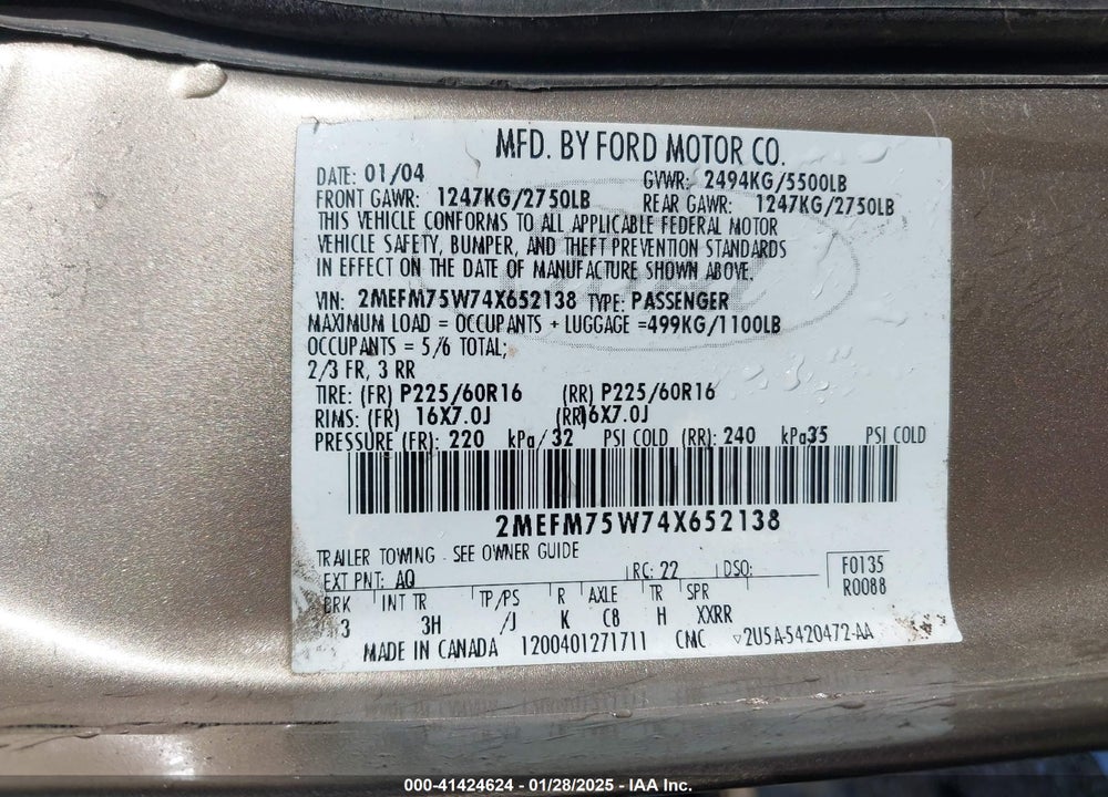 2004 MERCURY GRAND MARQUIS LS VIN: 2MEFM75W74X652138