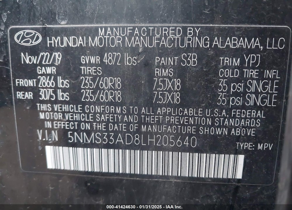 2020 HYUNDAI SANTA FE SEL VIN: 5NMS33AD8LH205640