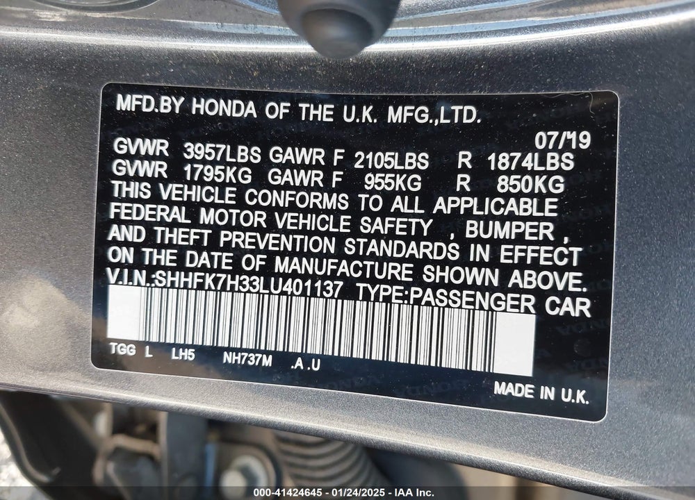 2020 HONDA CIVIC VIN: SHHFK7H33LU401137