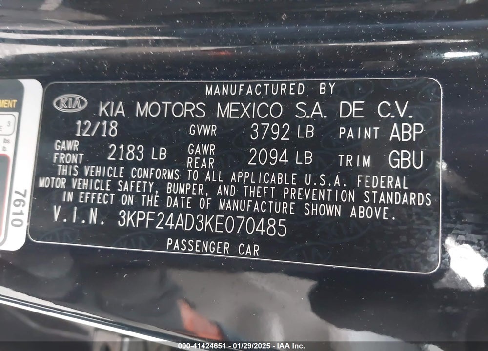 2019 KIA FORTE VIN: 3KPF24AD3KE070485