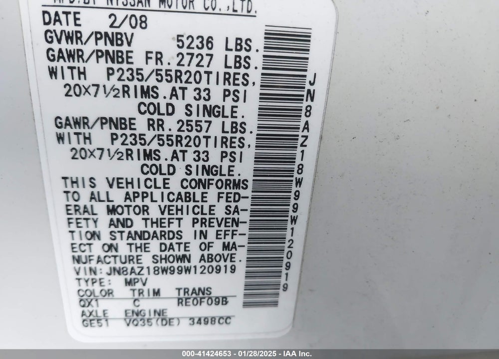 2009 NISSAN MURANO LE VIN: JN8AZ18W99W120919