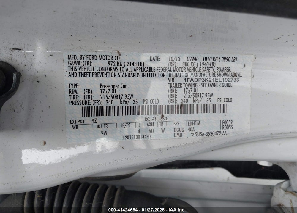 2014 FORD FOCUS VIN: 1FADP3K21EL192733