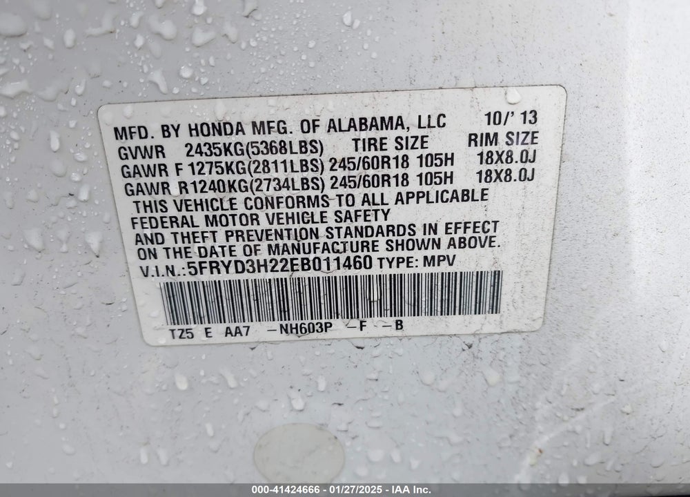 2014 ACURA MDX VIN: 5FRYD3H22EB011460