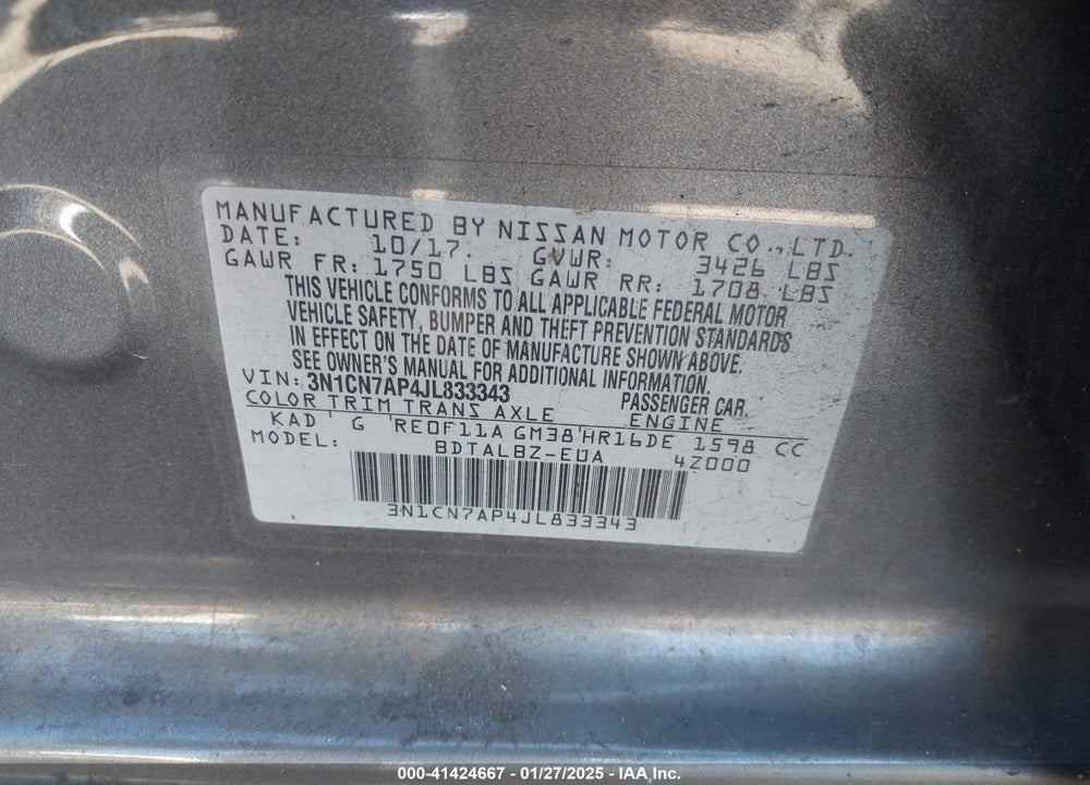 2018 NISSAN VERSA VIN: 3N1CN7AP4JL833343