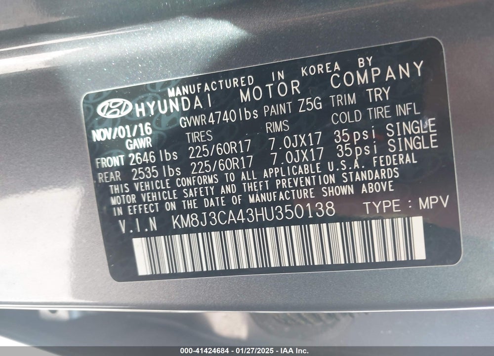 2017 HYUNDAI TUCSON SE VIN: KM8J3CA43HU350138