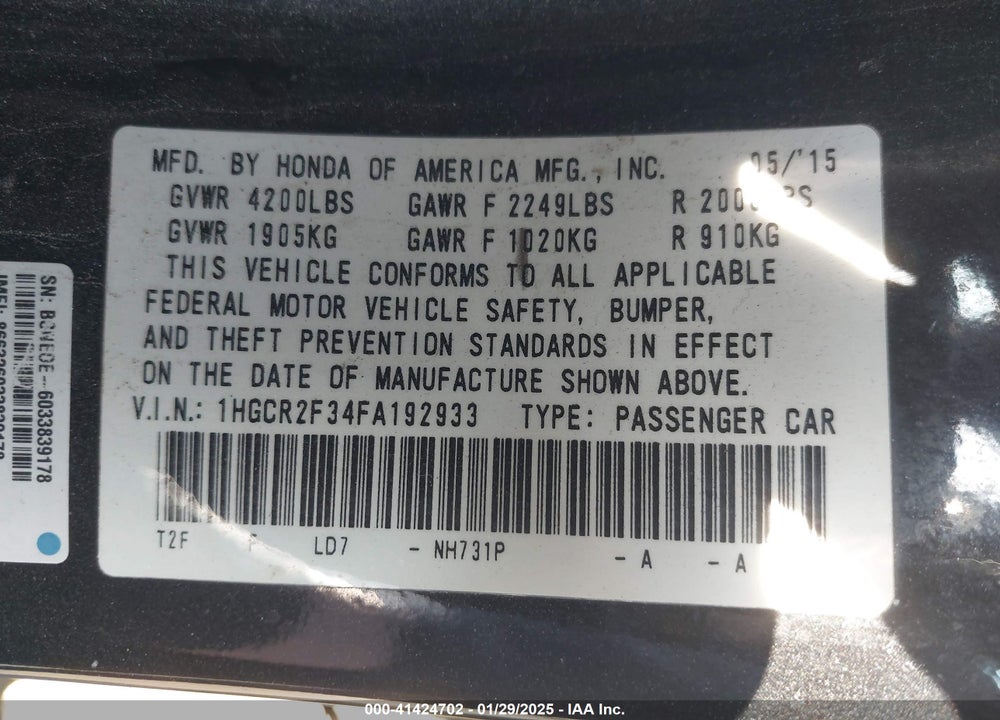 2015 HONDA ACCORD VIN: 1HGCR2F34FA192933
