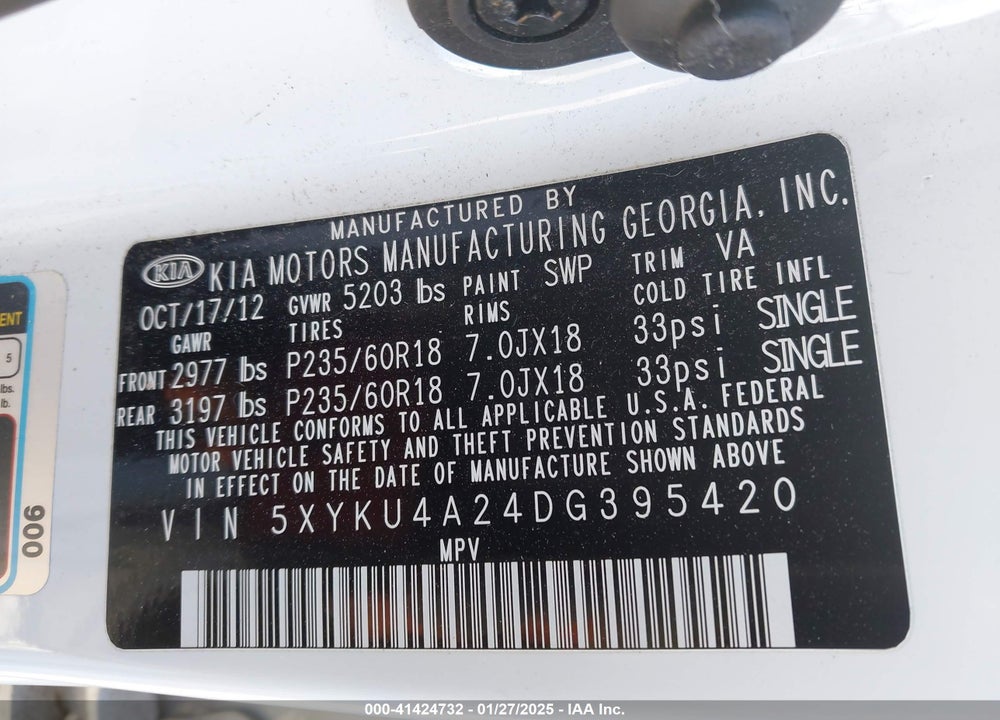 2013 KIA SORENTO VIN: 5XYKU4A24DG395420