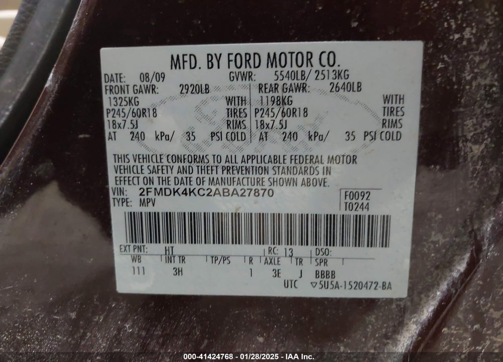 2010 FORD EDGE LIMITED VIN: 2FMDK4KC2ABA27870