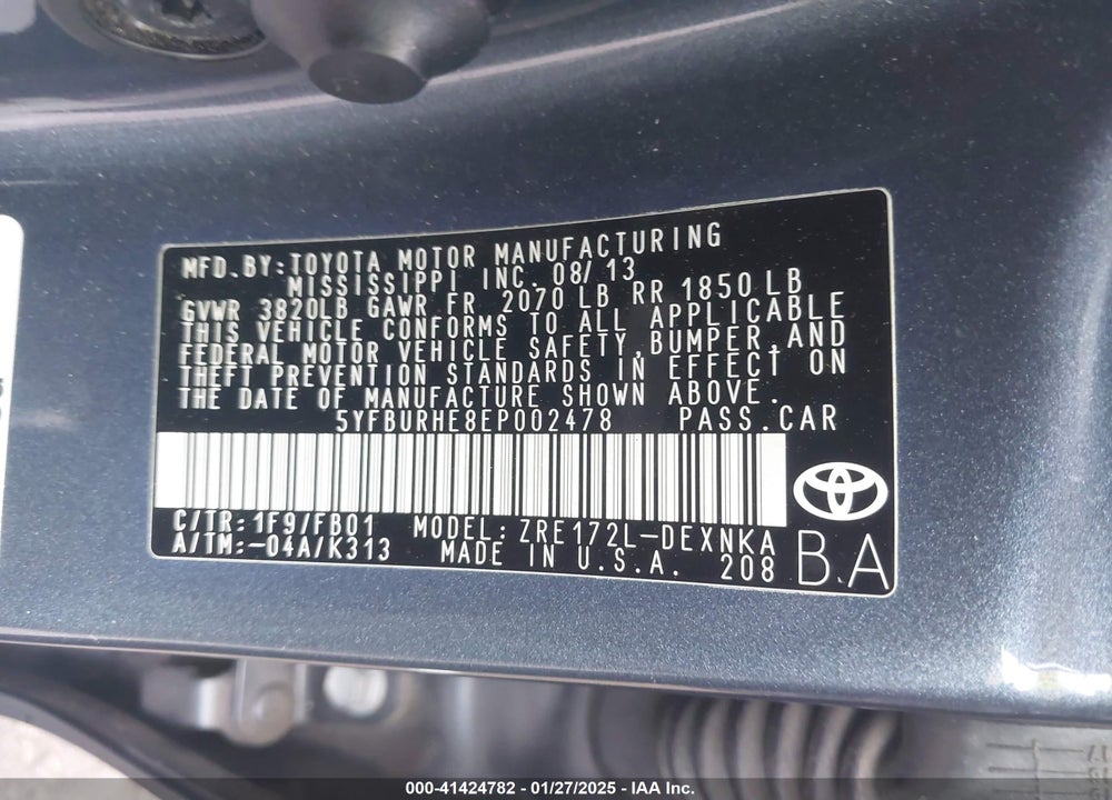 2014 TOYOTA COROLLA L/LE/LE PLS/PRM/S/S PLS VIN: 5YFBURHE8EP002478
