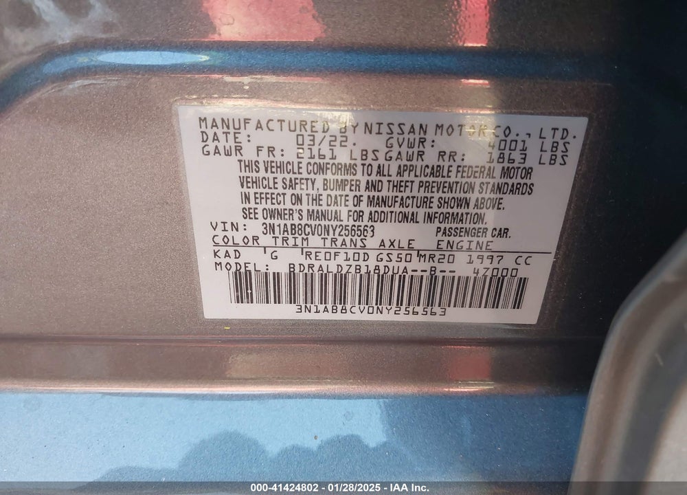2022 NISSAN SENTRA VIN: 3N1AB8CV0NY256563