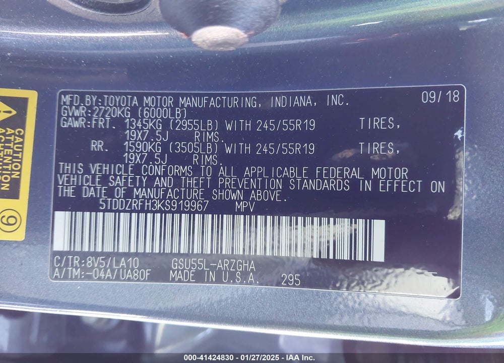 2019 TOYOTA HIGHLANDER LIMITED VIN: 5TDDZRFH3KS919967