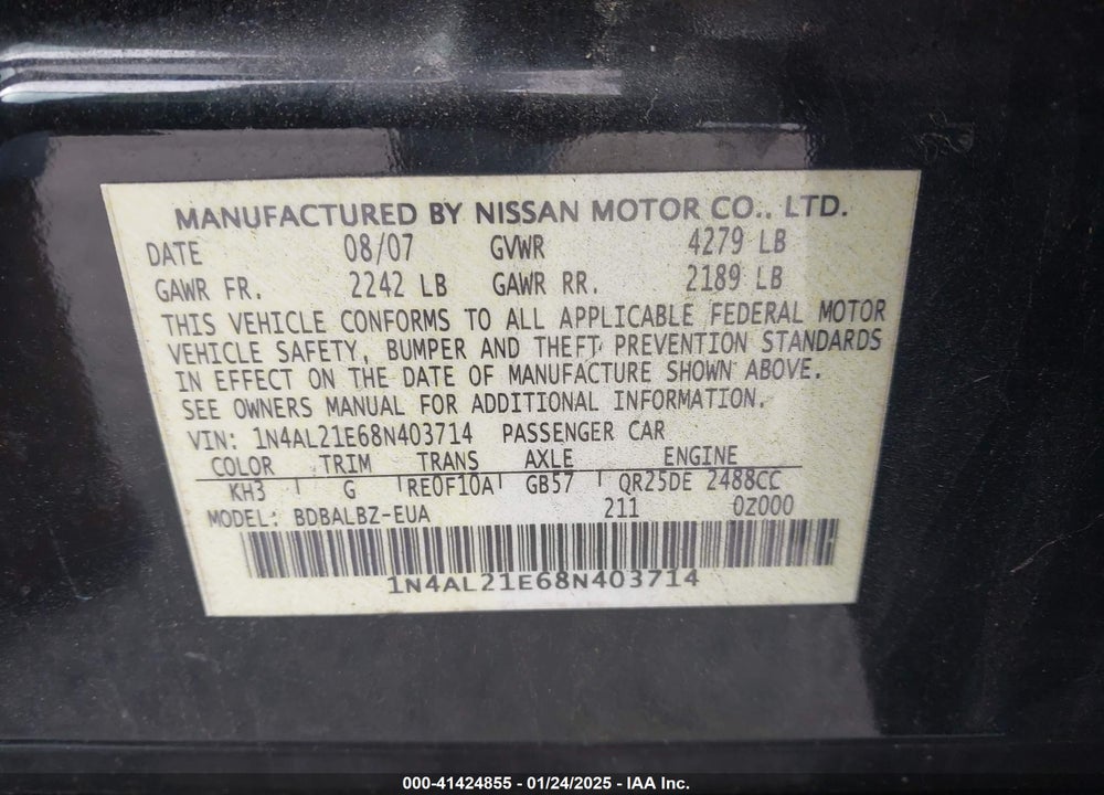 2008 NISSAN ALTIMA 2.5 S VIN: 1N4AL21E68N403714