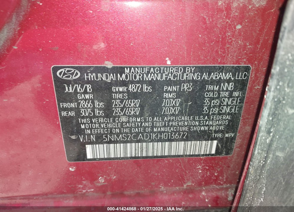 2019 HYUNDAI SANTA FE SE VIN: 5NMS2CAD1KH013672