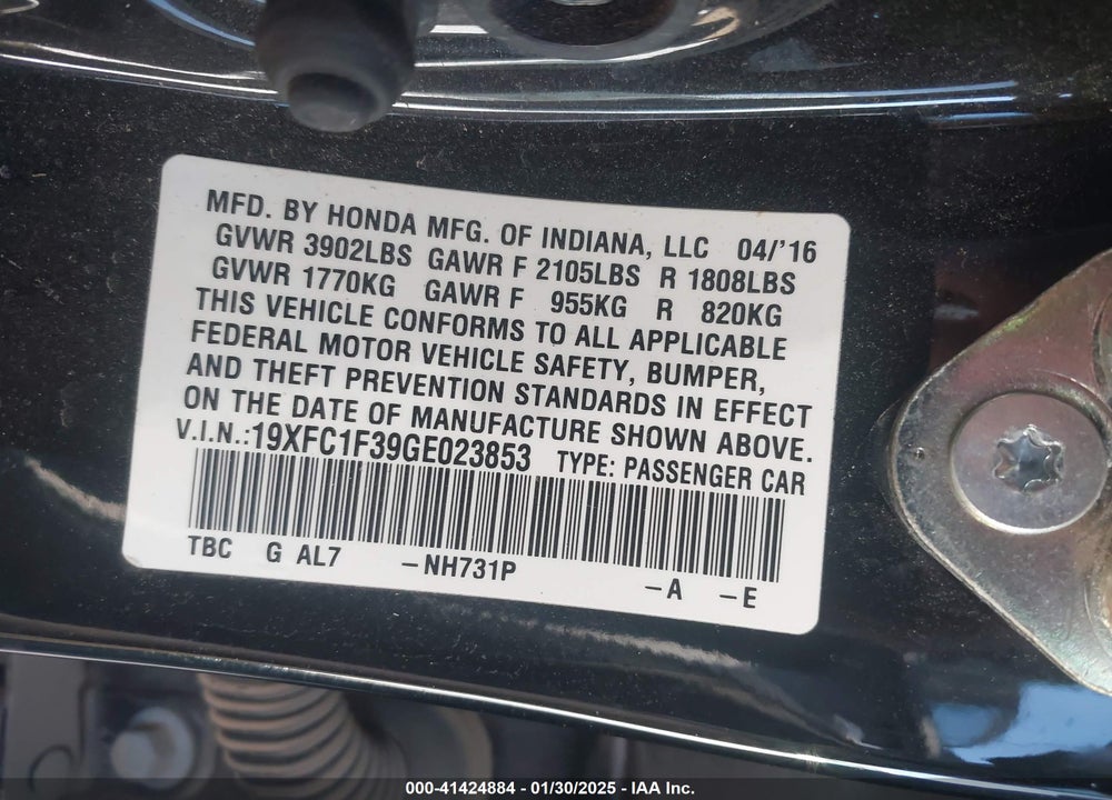 2016 HONDA CIVIC VIN: 19XFC1F39GE023853