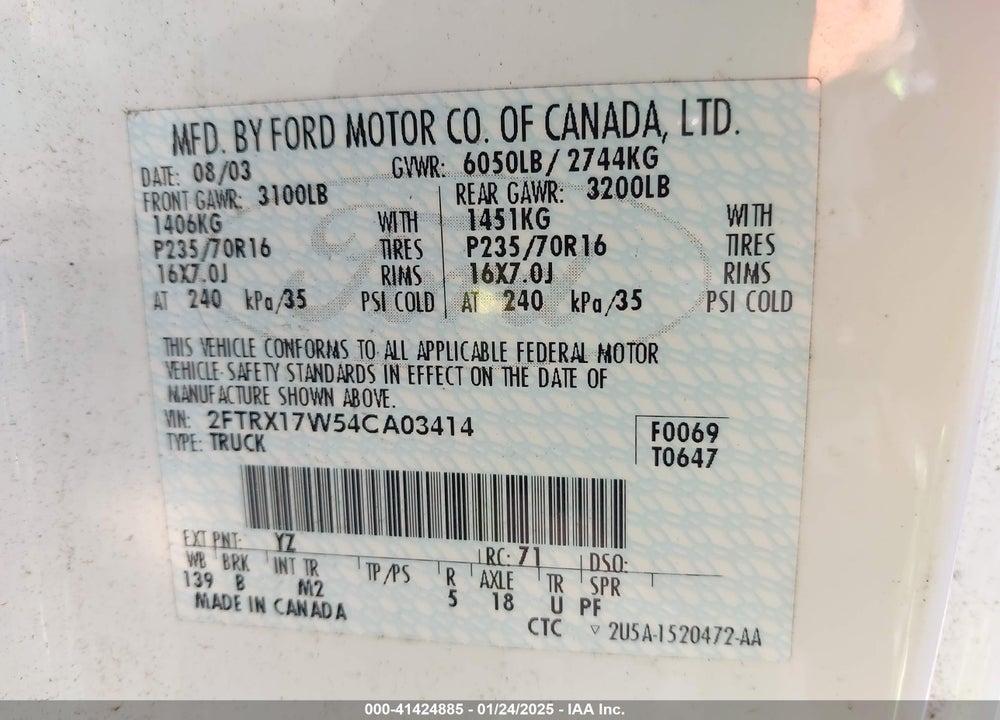 2004 FORD F-150 HERITAGE XL/XLT VIN: 2FTRX17W54CA03414