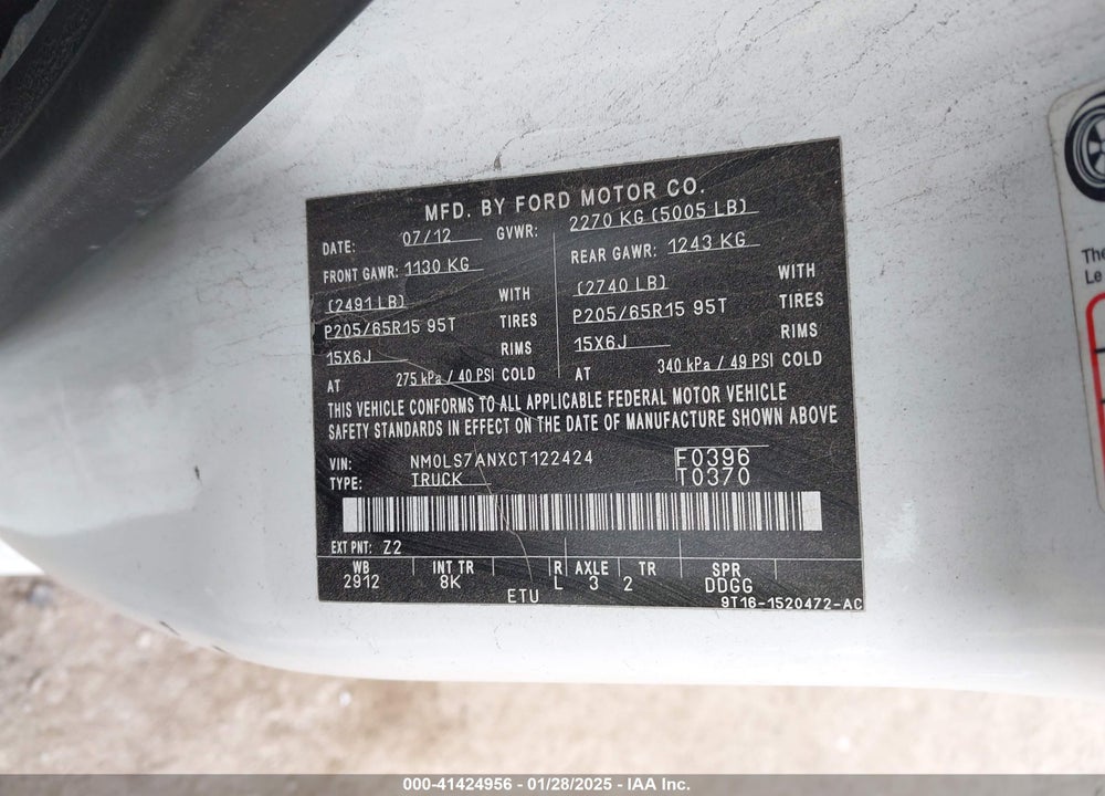 2012 FORD TRANSIT CONNECT XL VIN: NM0LS7ANXCT122424
