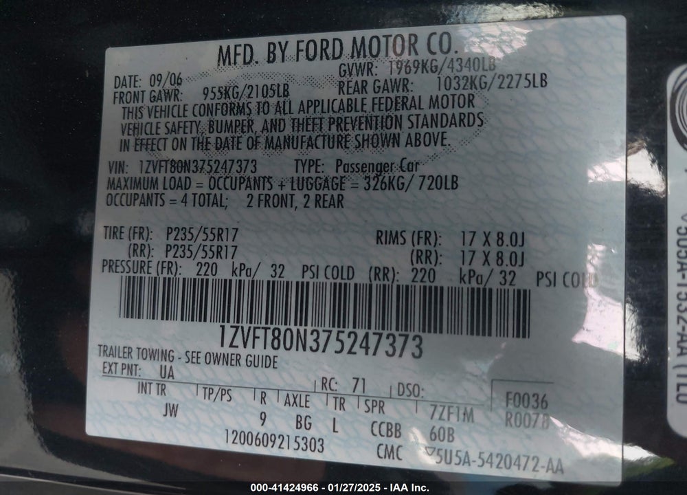 2007 FORD MUSTANG VIN: 1ZVFT80N375247373