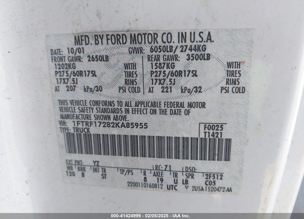 2002 FORD F-150 XL/XLT VIN: 1FTRF17282KA85955