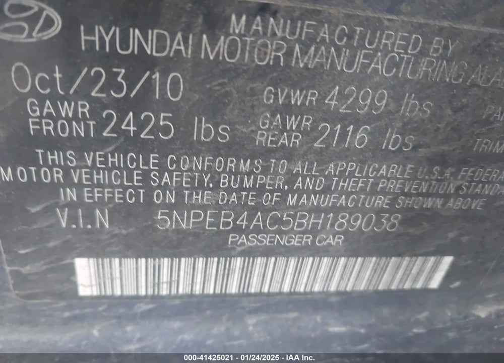 2011 HYUNDAI SONATA GLS VIN: 5NPEB4AC5BH189038